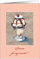 Scrumptious ice cream sundae against lace for wife on birthday card