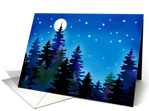 Evergreens and starry sky with full moon card (1242906)