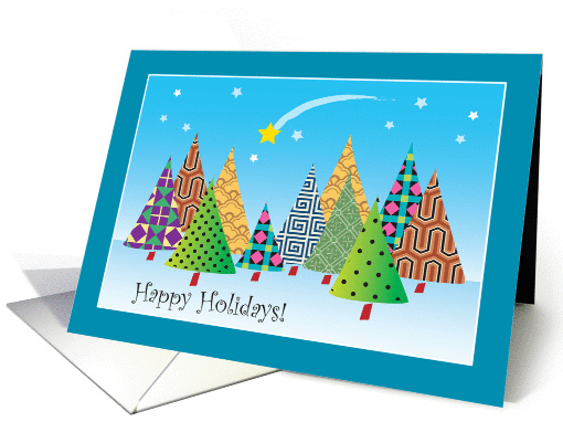 Happy Holidays! with patterned trees and comet in starry sky card