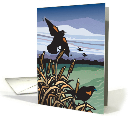 Aviarian pair Red Wing Blackbird in cattails at stormy lake card