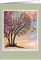 Thank you card for sympathy donation with bare tree, sunset and birds card