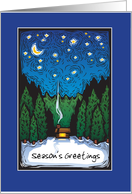 Season’s Greetings, winter scene with cabin, woods and starry sky, card