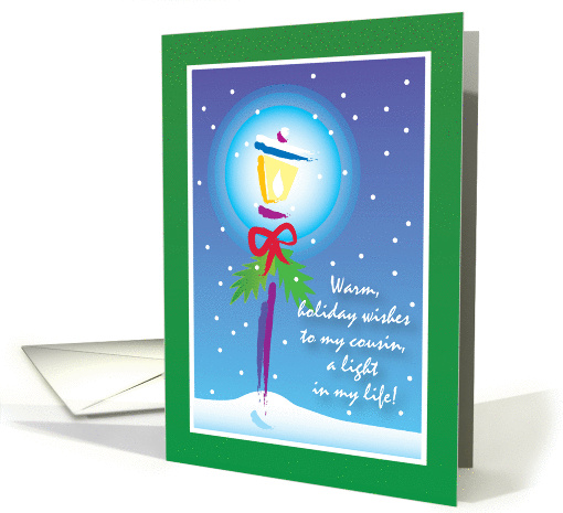 Holiday card for cousin, street light, red ribbon & snow card