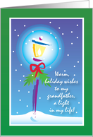 Holiday card for grandfather, street light, red ribbon & snow card