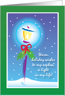 Holiday card for nephew, street light, red ribbon & snow card