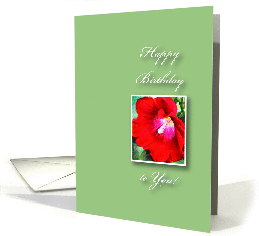 Floral Birthday, Beautiful Red Hollyhock on Pale Green Background card