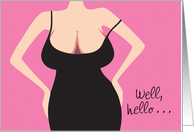 Boob Job Surgery Sexy Buxom Woman Black Dress Pink Background card