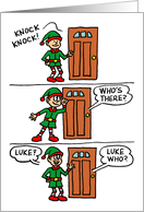 Knock Knock Elf Cartoon Presents Christmas card
