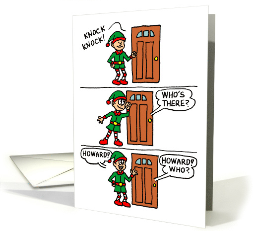 Knock Knock Elf Cartoon Present Christmas card (1873258)