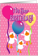 Quacking Up Birthday - white ducks, balloons, pink, white polka-dots card