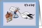 Cartoon stork carry a baby - It’s a boy card