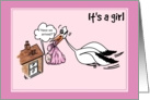 Cartoon stork carry a baby - It’s a girl card