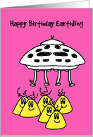 Spaceship and 6 cute aliens wishing - a happy birthday card