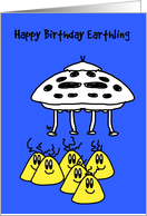 Spaceship and 6 cute aliens wishing - a happy birthday card