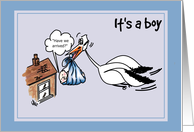 Cartoon stork carry a baby - It’s a boy card