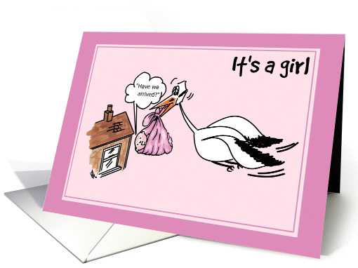 Cartoon stork carry a baby - It's a girl card (1271236)