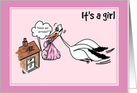 Cartoon stork carry a baby - It’s a girl card