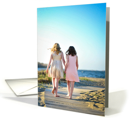 Side by Side best friends hand in hand on beach boardwalk
 card