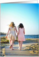 Side by Side best friends hand in hand on beach boardwalk card