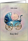 Congratulations on your new baby boy! a baby boy in a stroller card