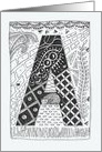 Letter A initial/monogram, tangle-style black/white colouring card