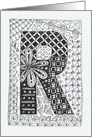 Letter R initial/monogram, tangle-style black/white colouring card