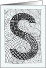 Letter S initial/monogram, tangle-style black/white colouring card