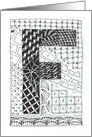 Letter F initial/monogram tangle-style black/white colouring card