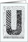 Letter U initial/monogram zentangle-inspired black/white colouring card