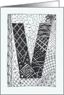 Letter V initial/monogram tangle-style black/white colouring doodle card