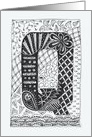 Letter Q initial/monogram tangle-style doodle black/white colouring card
