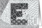 Letter E initial/monogram landscape black/white colouring tangle card