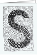 Letter S initial/monogram, tangle-style black/white colouring card