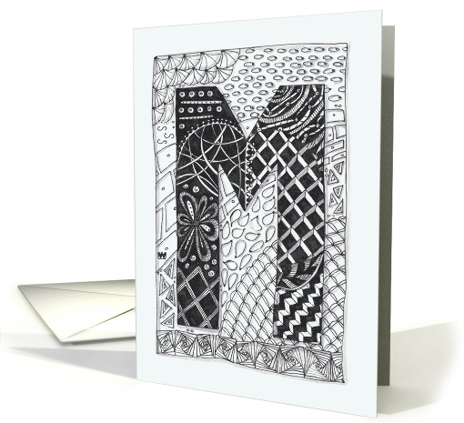 Letter M initial/monogram tangle-style black/white colouring card