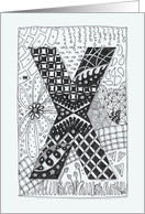 Letter X initial/monogram tangle-style black/white colouring card