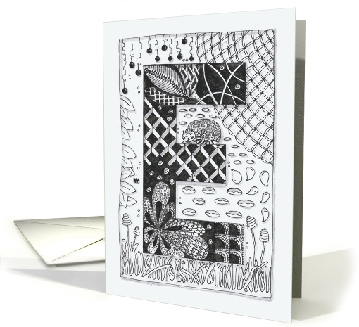 Letter E initial/monogram tangle-style black/white colouring #3 card