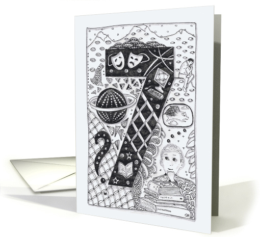 Number Seven(7 ) black/white colouring tangle numerology card