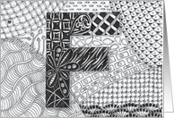 Letter F initial/monogram landscape black/white colouring tangle-style card