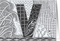 Letter V initial/monogram landscape black/white colouring tangle style card