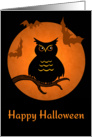 Owl on a Branch with Bats in front of October Moon for Halloween card