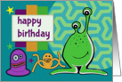 Cartoon Green, Purple, and Orange Alien Birthday Card