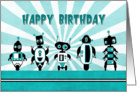 Line of Robots in Front of Sunburst Birthday Card