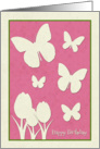 Butterflies and Tulips on Pink Background Birthday Card