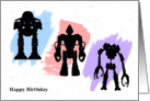 Three Robots Highlighted by Watercolor Splashes Birthday Card