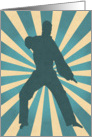 Karate Silhouette in Front of a Blue and Yellow Sunburst Birthday Card