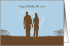 Romantic Couple Takes a Stroll with Heart Background Birthday Card