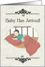 Retro Gay Couple Baby Announcement with Baby in Bed card