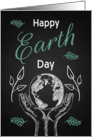 Earth Day Retro Chalkboard with Hands Holding Earth and Leaves card