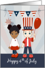 Cartoon Boy and Girl Holding a Balloon and Fireworks for 4th of July card