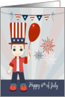 Cartoon Boy Holding a Red Balloon in Front of Fireworks for July 4th card